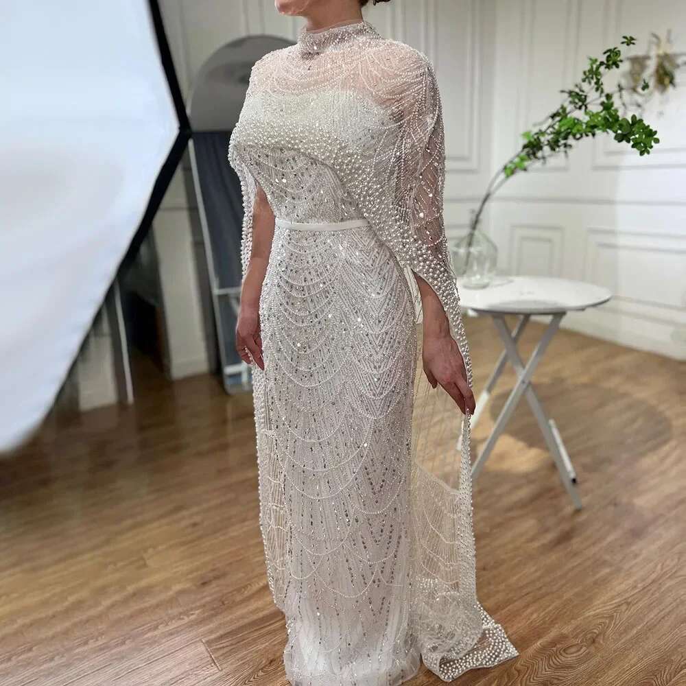 Nude Dubai Mermaid Elegant Long Cape Sleeves Arabia Beaded Evening Dresses Gown Customize Party LA