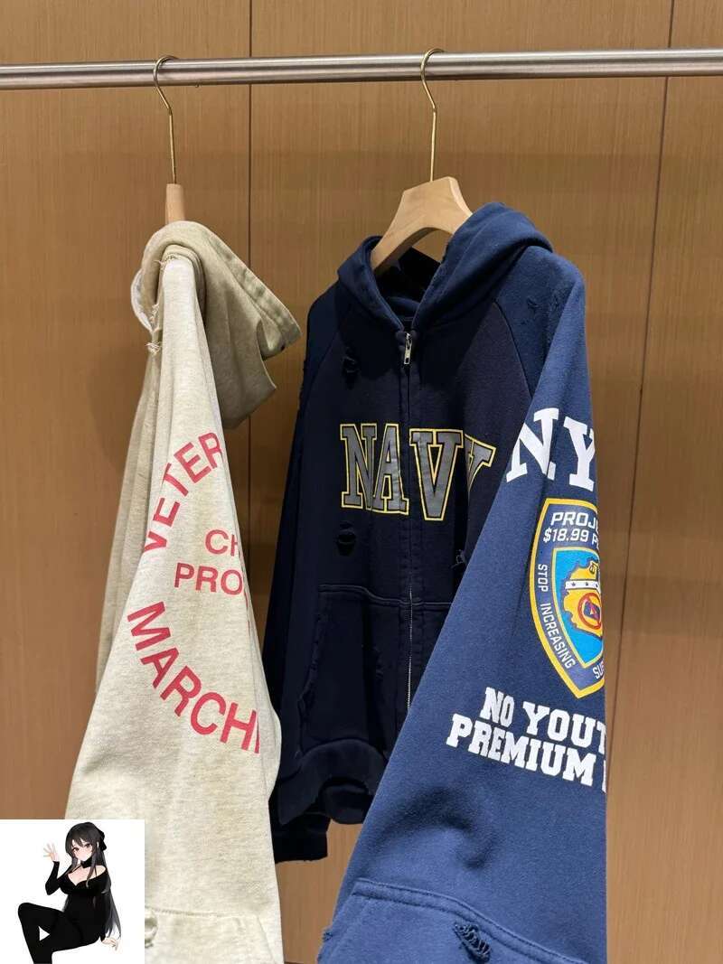 Stain Fake Two Pieces Grailz Project Hole Damage Zipper Hoodie Men Women Vintage Distress Badge Print Sweatshirts Loose Jacket