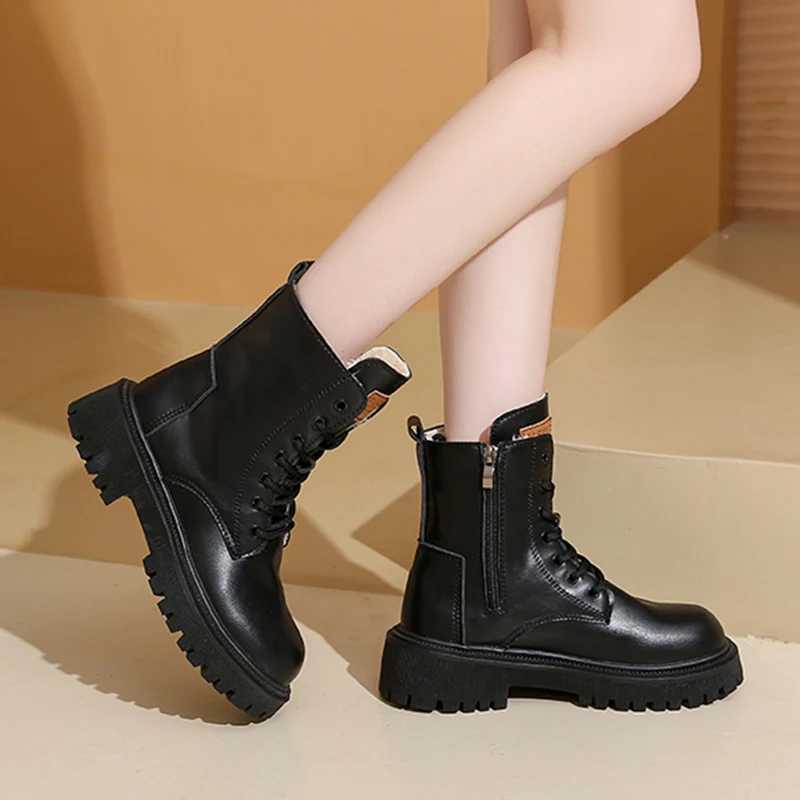 Warm Short Plush Pu Leather Ankle Boots Women Autumn Winter Platform Combat Boots Woman Thick Sole Zipper Lace Up Botas MujerXJ250217