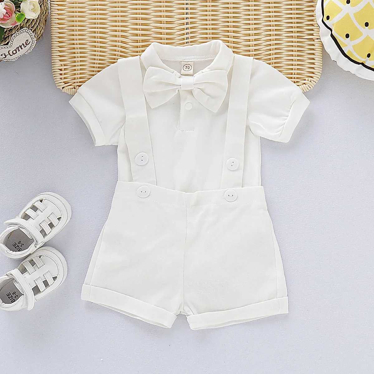 0-2 Years Baby Boy Mini Gentlemen Outfits Wedding For Set Peter Pan Collar Cotton Romper+Suspender Shorts Summer 2PCS Suit W250218