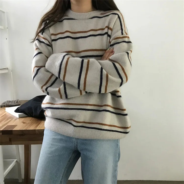 Women Pullovers CrewNeck Knitted Jumper Student Striped Sweater Aesthetic Outfit 250211