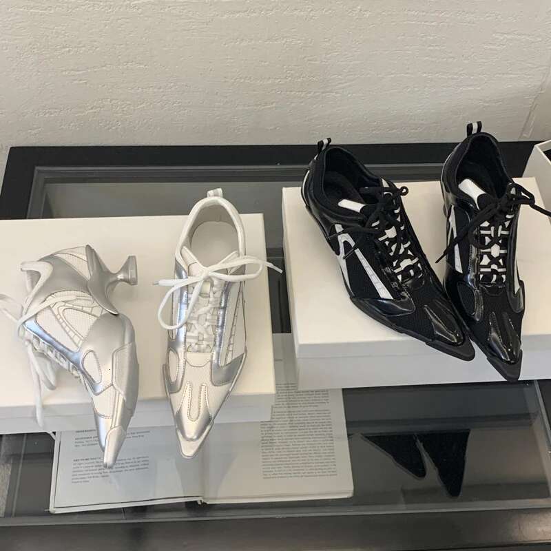 Low Sier Women Pointed Toe Lace Up Sports Style High Heels Comfort Ladies Pumps Black Spring 2025 Shoes