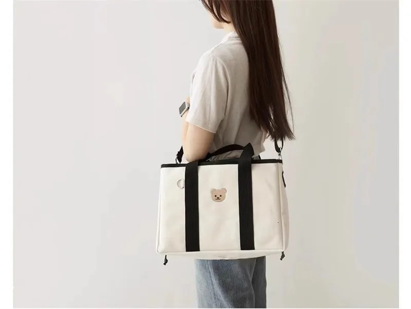 INS Korean Large Size Diaper Bag Women Drawstring Storage Mommy Lunch Bag Canvas Bear Cartoon Travel Shoulder Bag 250218