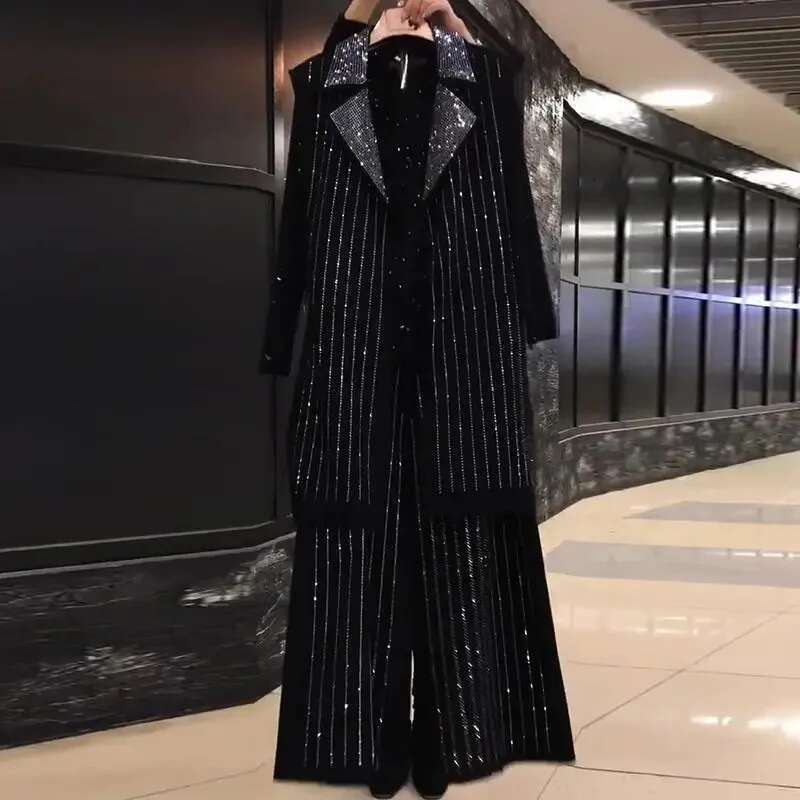 Fatty Women Autumn New Mid Length Covering Vest Wide Leg Pants Fat Sister Heavy Industry Bright Dia Three Piece Set Female