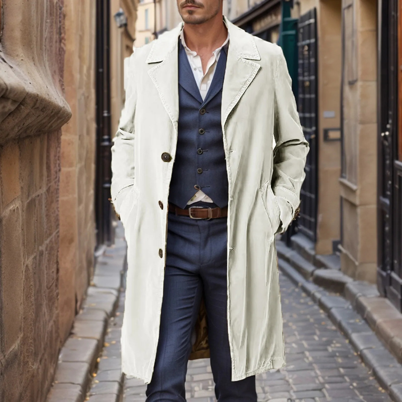 MenS Autumn Stylish Long Length Windbreaker Corduroy Solid Color Lapel Pocket Slim Button Trench Coat Jackets For Men Fashion 250218