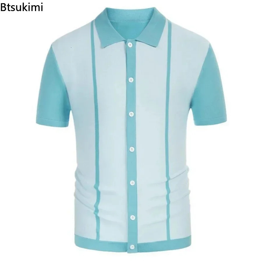 2025 Mens Summer Casual Shirts Knitted Patchwork Striped Polo Shirt Men Turndown Collar Button Slim Fit Tops Ice Silk Tshirt 250213