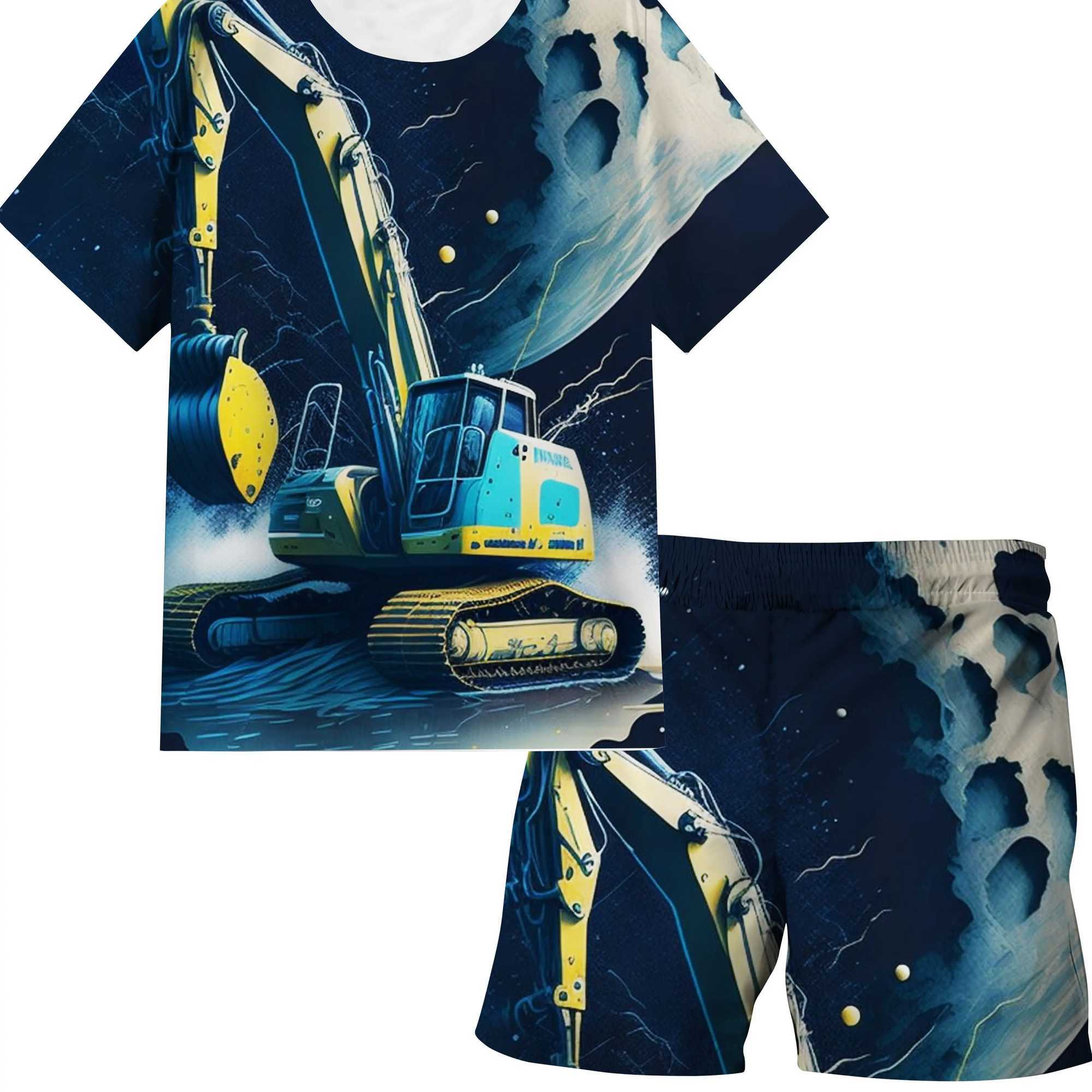 Childrens Clothing Suit for Boy Short Sleeve Shorts Car Print Casual Round Neck Kids Summer Clothes Childrens Sets W250218