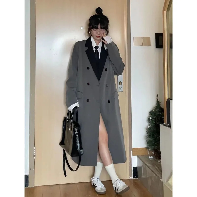 Long Blazer Y2k Windbreaker Harajuku Vintage Coat Sleeve Spring Autumn Women Jacket Chic Korean Loose Doublebreasted 250213