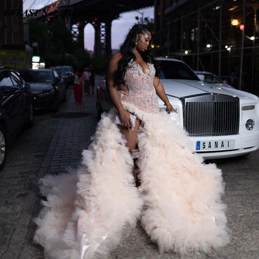 Customized EVLAST Pink Mermaid Prom Dress For Black Girls High Slit Ruffles Crystal Beading Party Evening Gown Soir E E P