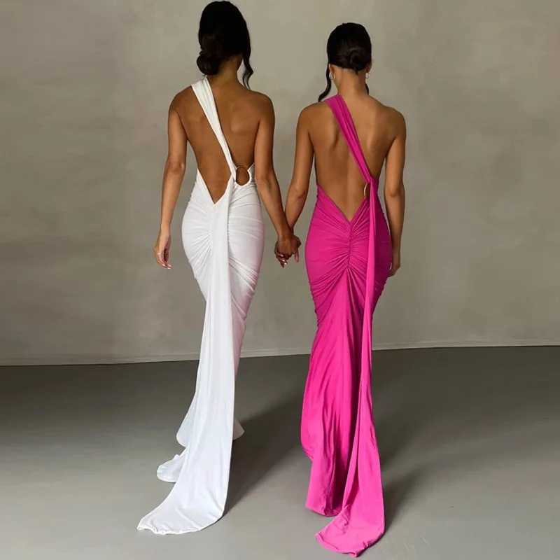 Basic Casual Dresses 2024 Summer One Shoulder Backless Adjustable Scarf Loop Pleats Sexy Maxi Dress Elegant Strt Wear Festival Wear For Women H25217