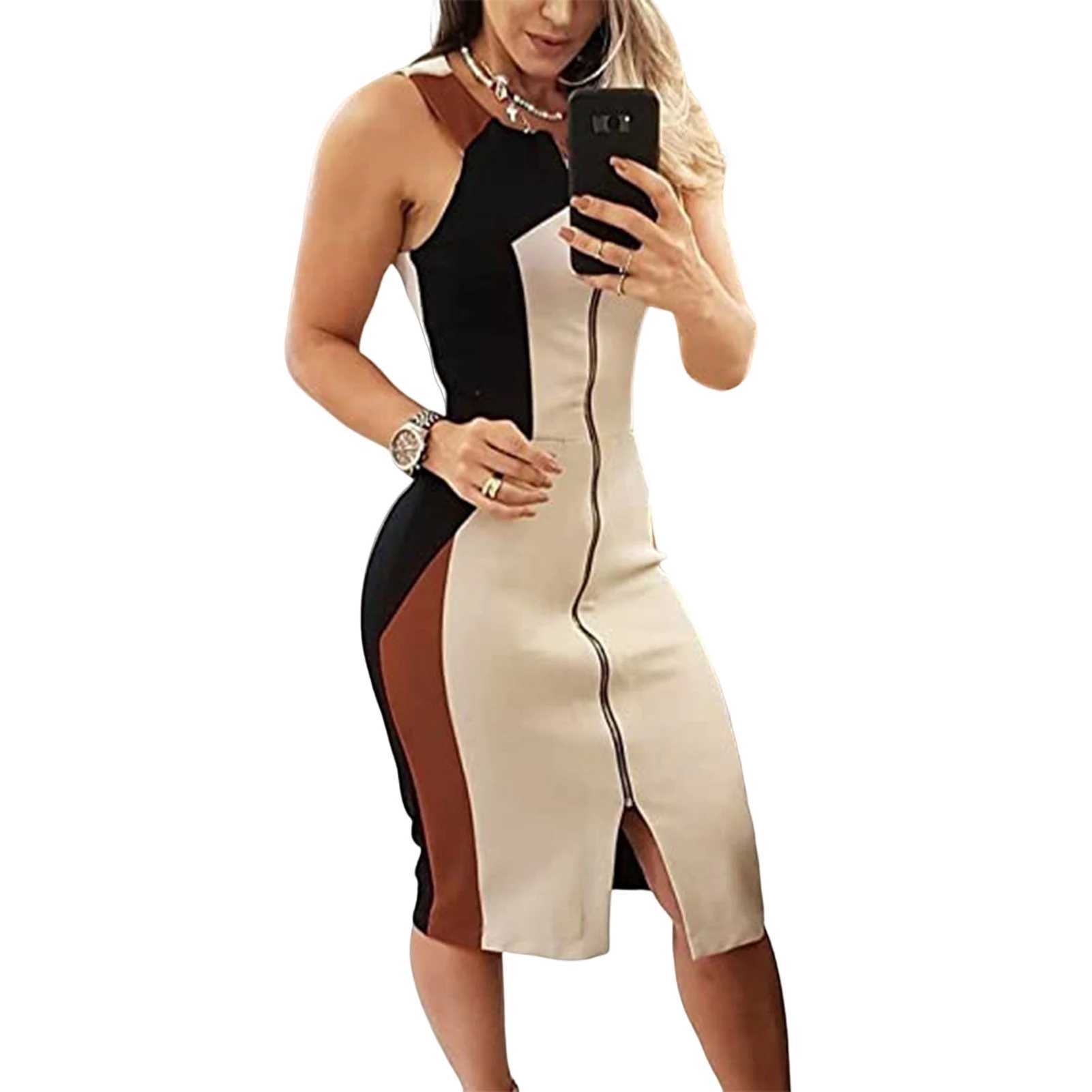 Basic Casual Dresses Women Elegant Slveless Dress Patchwork Irregular Neckline Business Dress for Party Wedding Wear H25217