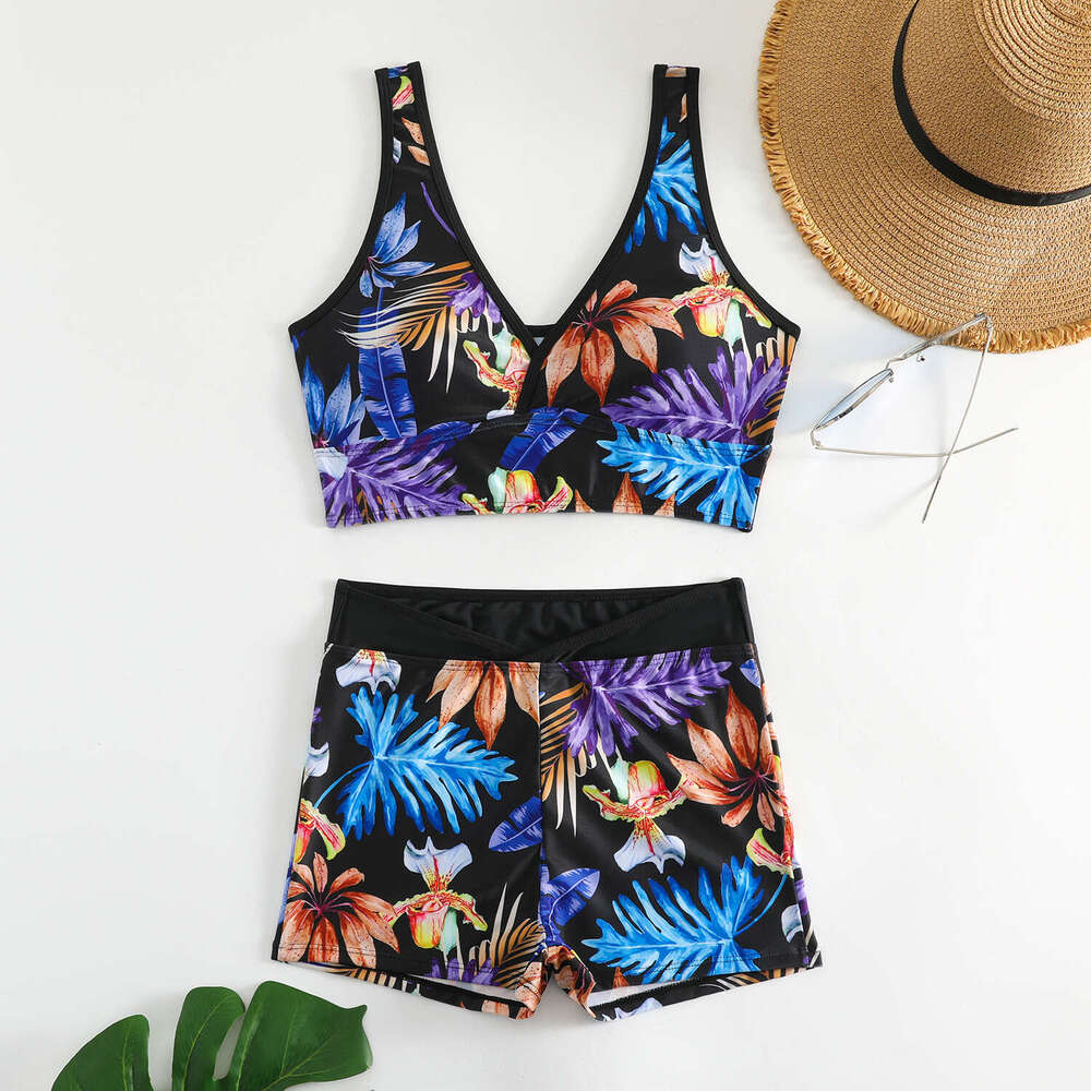 7 Colors European and American Printed V-neck Flat Pants Women's Split Bikini Swimsuit 2025 New Casual Versatile Fashion Clothing