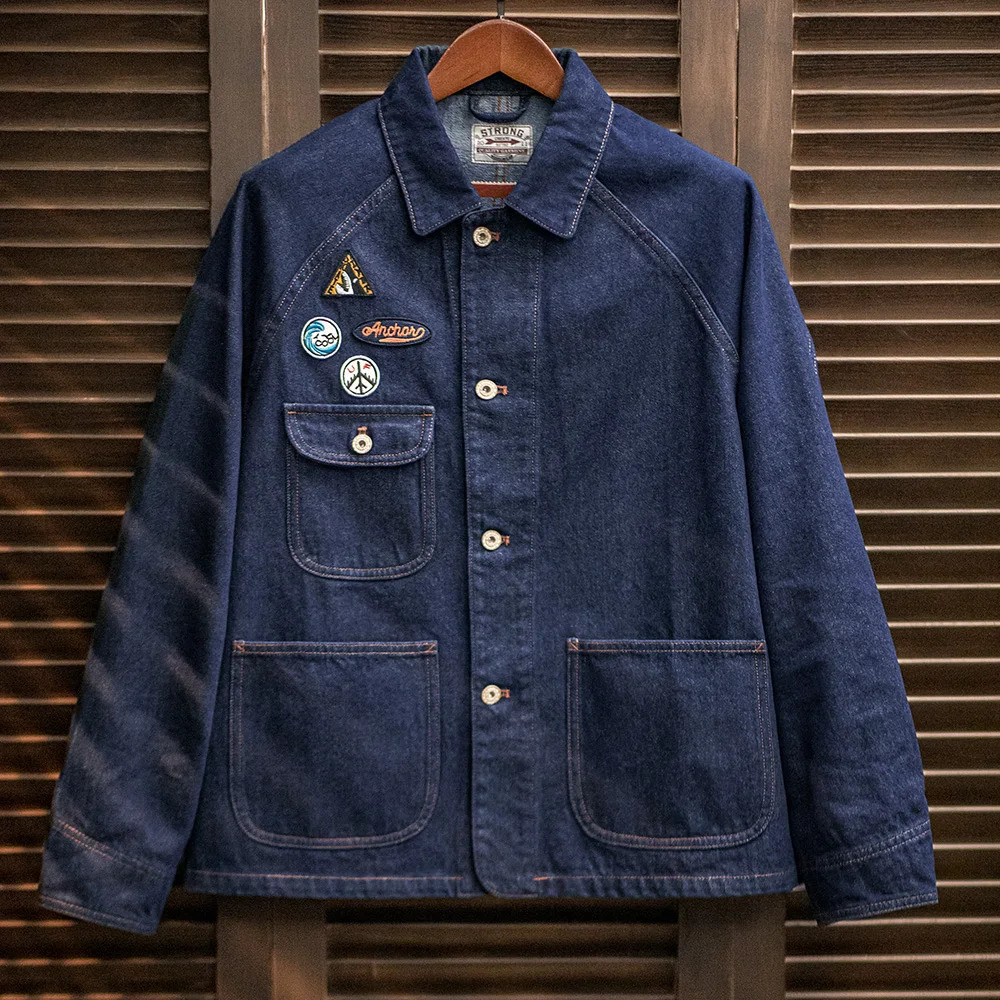 Maden Vintage ed Badge 128oz Heavyweight Denim Jacket Washed Lapel Casual Outerwear for Men Spring and Fall Chore Coat 250214