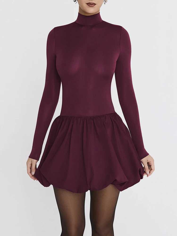 Basic Casual Dresses Fantoye Patchwork Turtleneck Long Slve Women Mini Dress Burgundy High Waist A-line Dress Female Winter Slim Elegant Strtwear H252