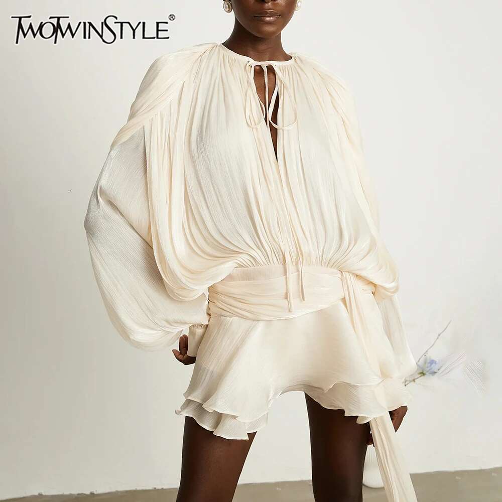 TWOTWINSTYLE Solid Spliced Lace Up Loose Dresses For Women O Neck Long Sleeve High Waist Temperament Dress Female Fashion New