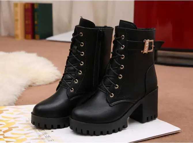 Hot Sale 2022 Women Boots Lace Up Flat Biker Wine Red Boots Shoes Buckle Woman Botas Women BootsXJ250217