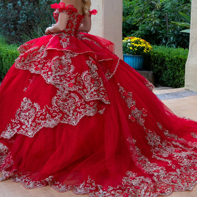 Red Shiny Quinceanera Dresses Ball Gown Off Shoulder Appliques Lace Flower Beading Crystal Tull Sweet 16 Dress Vestidos 15 De Anos