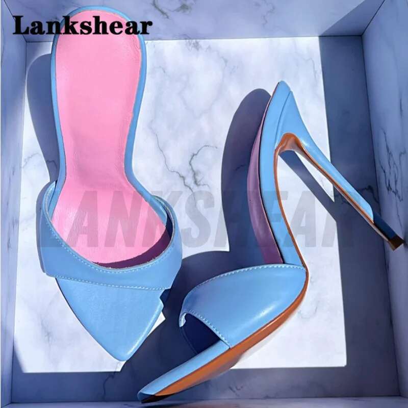 2023 Summer New Sexy Pointed Toe Mule High Heels Slipper Stripper Fashion Slip On Slides Women Party Sandal Shoes Solid Color