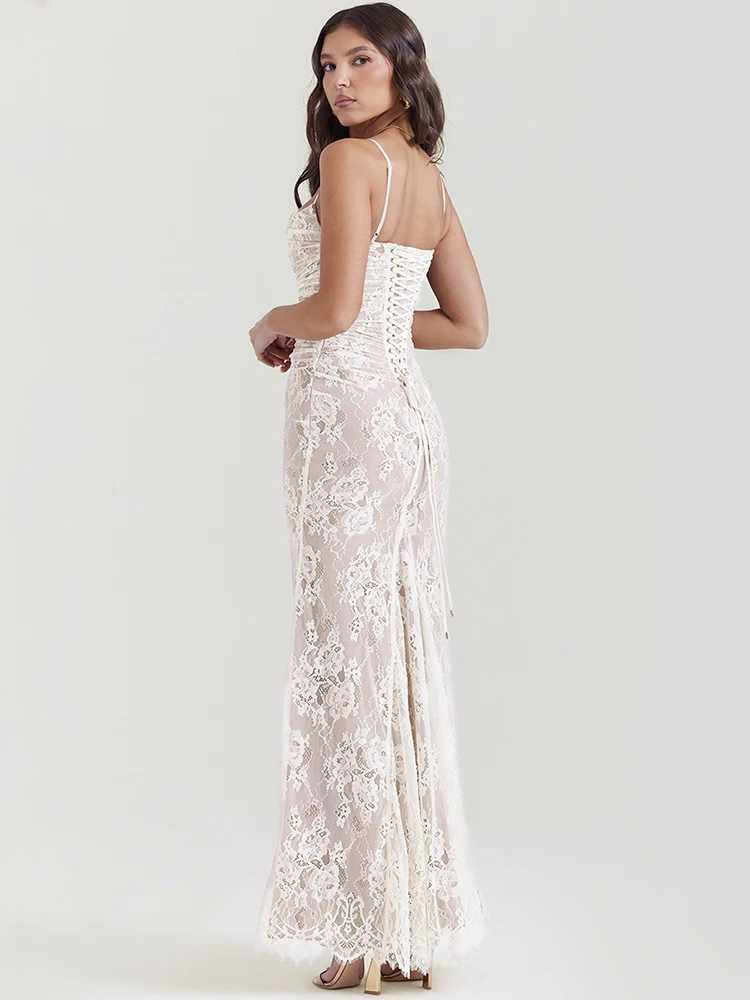 Basic Casual Dresses Fantoye Autumn New Double Layer Lace Women Two Piece Sets White Long Slve Spaghetti Strap Dress Skinny Elegant Party Clubwear H25