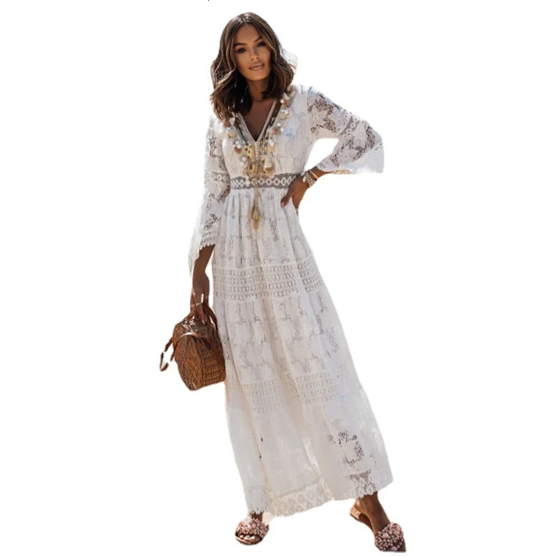 Happy Queens Womens Flare Sleeves White Hollow Beach Bohemian Maxi Dress Robe Womens V-neck Wrist Summer Evening Dress 250213