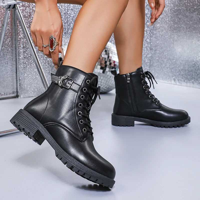 Punk Butterfly Buckle Ankle Boots Women Black Pu Leather Lace Up Motorcycle Boots Woman N Slip Platform Combat Botas Mujer 42XJ250217