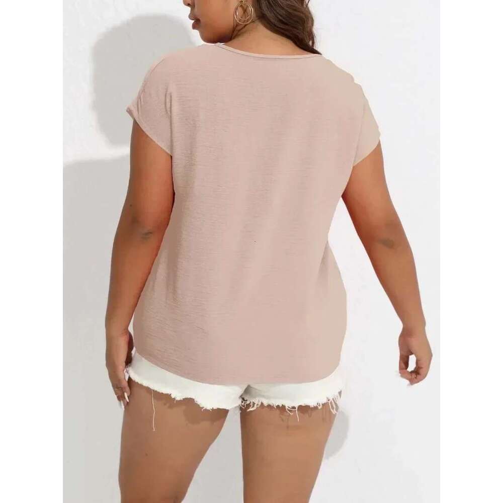 Women's 1Xl-8Xl Plus Size Casual Solid Color V-Neck T-Shirt With Buttons Short Sleeved Top Bat Sleeve Loose Shirt