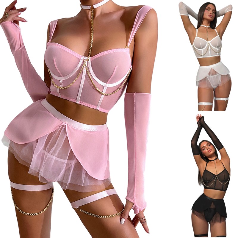 Chic Female Intimate Ensemble with Golden Chains Detail Complete With Bra Top, Ruffle Bodice Skirt, Armlets, Cheeky Panties and Leg Bands