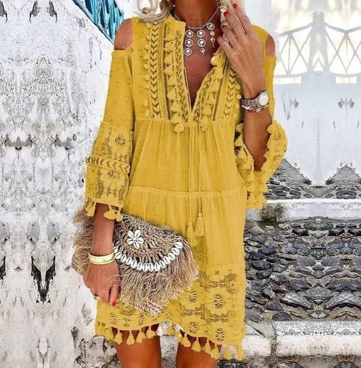 Spring Embroidery Crochet Lace Boho Dress Women Elegant Off Shoulder Tassel Ruffle Mini Dress Summer V Neck Lady Beach Dress 250213