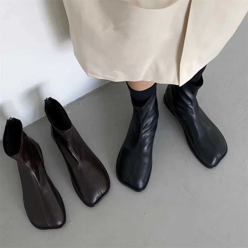 Rock Shoes Woman Autumn Boots Flat Heel Zipper Boots-Women Ladies Ankle Leather Rubber Low 2023 Fabric Square Toe Rome Basic SolXJ250217