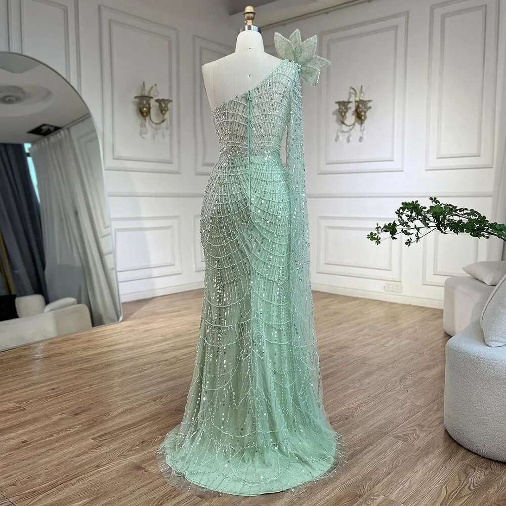 Green Sage Mermaid One Shoulder Pearls Dubai Arabic Evening Dresses Gowns Customize