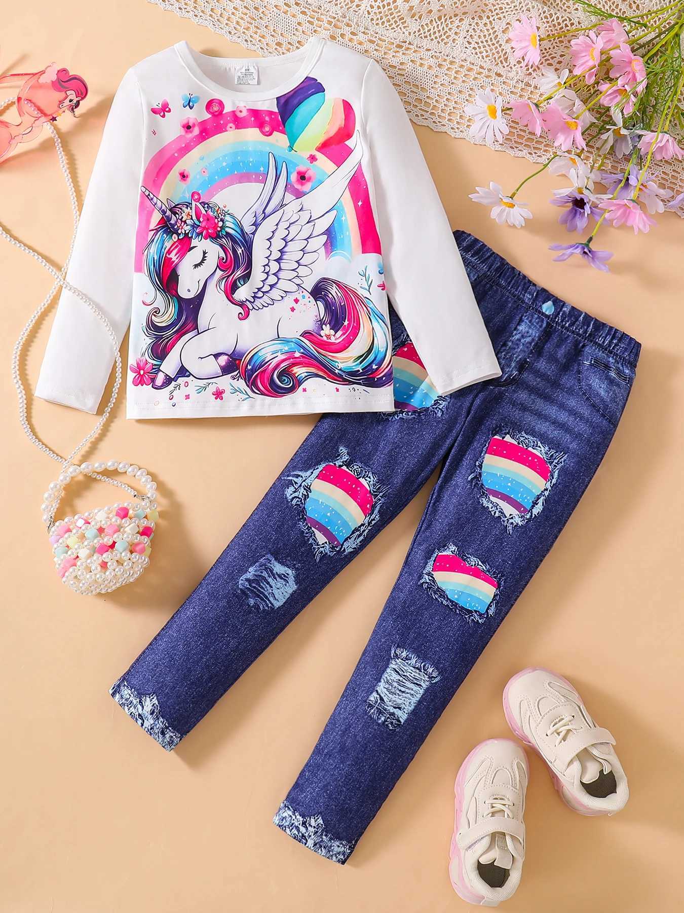 Girls spring and autumn new childrens fashion outdoor casual 2-piece round neck print long sleeve blue slim pants suit W250218