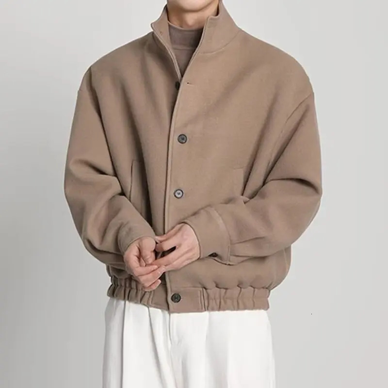 Autumn Winter HighEnd Trendy Stand Up Collar Jacket Woolen Coat British Style Niche n Baseball Windproof Warm 250218