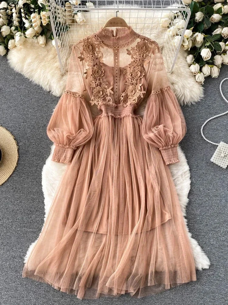 Ladies Dress Three-dimensional Flower Hook Mesh Temperament Stand Collar Lantern Sleeve High Waist Slim Female Dresses 250217