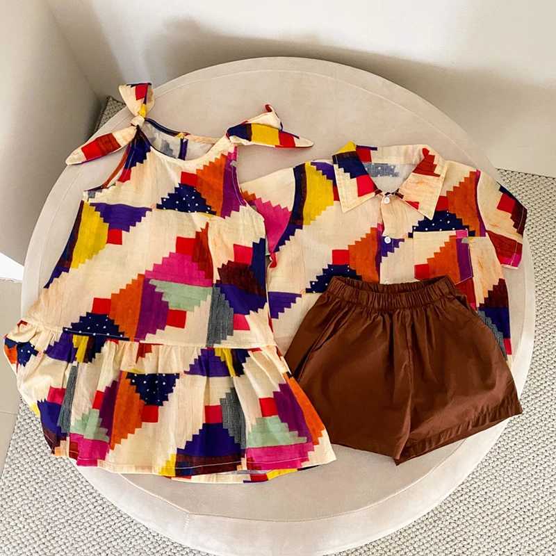 Vacation Sle Childrens Clothes Boys Lapel Shirt Shorts 2pcs Girls Colorful Print Sleeveless Dress Siblings Summer Outfit W250218