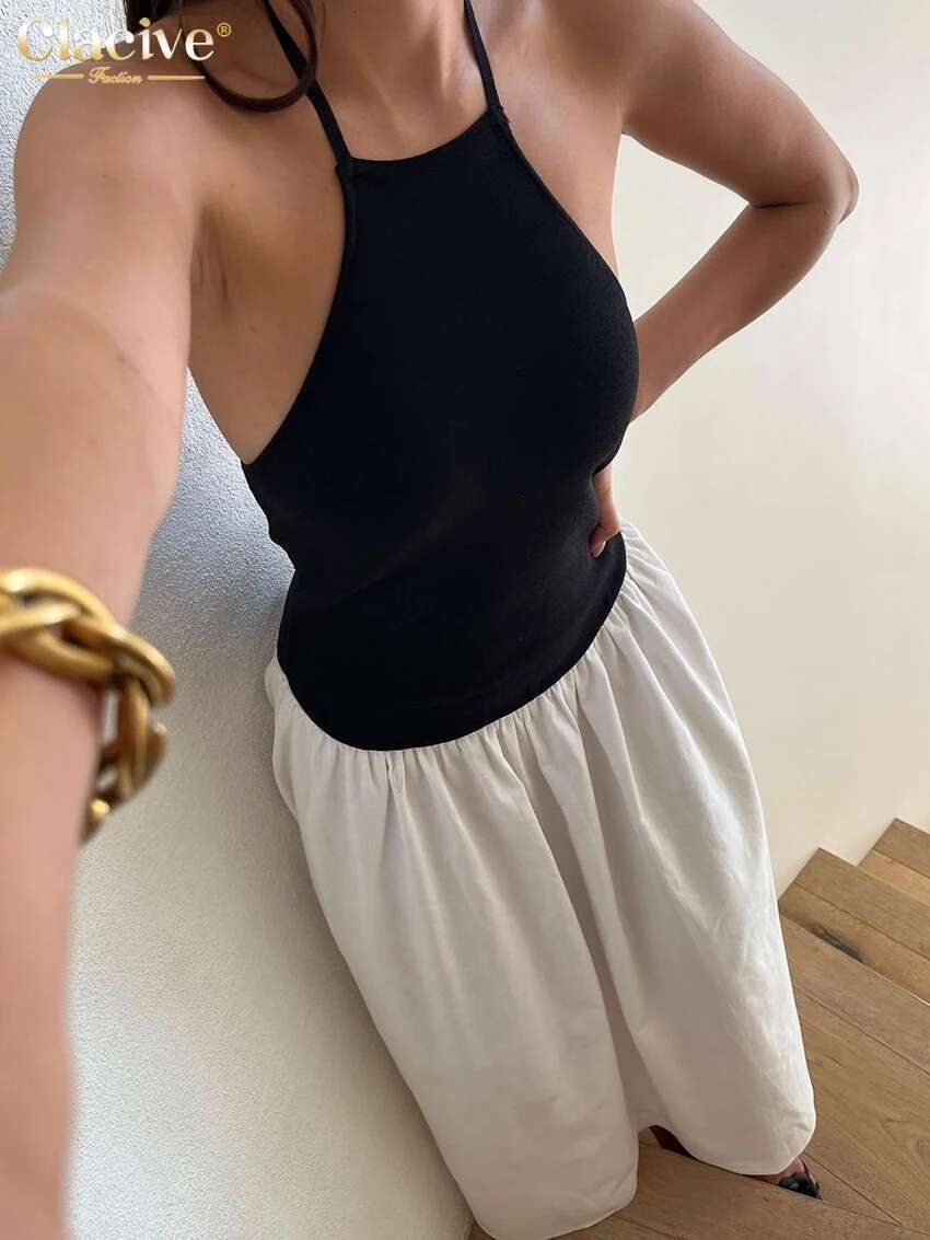 Clacive Summer Slim Patchwork Women's Sexy Halter Sleeveless Ankle Length Dresses Elegant Classic Pleated Female Dress