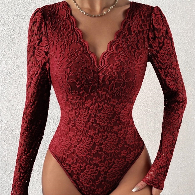 Women Jumpsuits 2025 Hot Selling Sexy Solid Color Lace Long Sleeved Spicy Girl Perspective Slim Fit Rompers