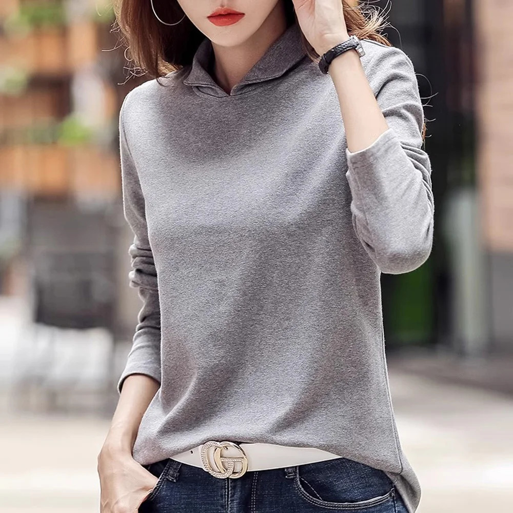 Rose red long sleeved tshirt womens autumn and winter item plus size casual fashion polo shirt with a collar top 250214
