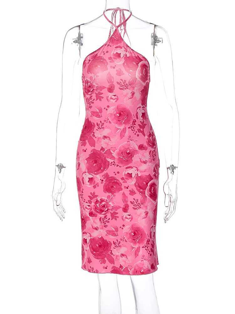 Basic Casual Dresses Dulzura Rose Print Lace Up Halter Mini Dress Women Bodycon Sexy Backless Floral Dress Party Outfit Elegant Birhtday Clothes Y2K H