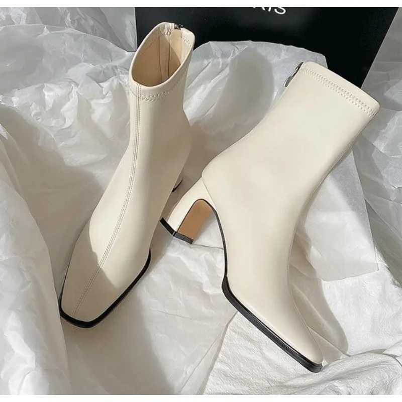 New Square Ankle Boots Autumn Comfortable Soft Leather High Heel Boots Womens Fi Zipper Simple Temperament Womens ShoesXJ250217
