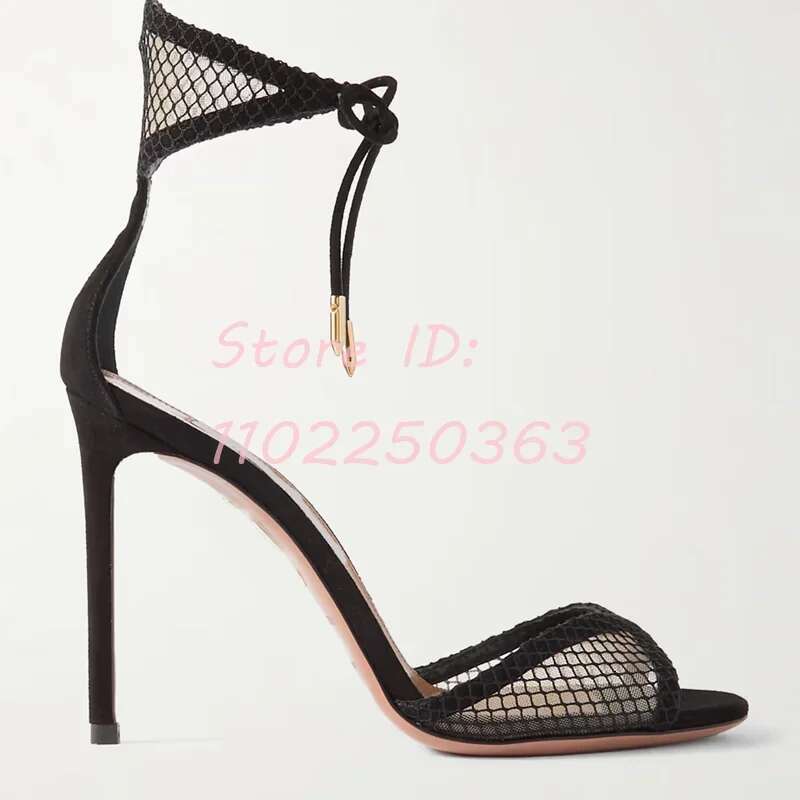 Solid Mesh Ankle Ties Stiletto Suede Round Toe Metal Decor Lace-up Thin Cover Heels Sandals 2024 Lady Elegant Shoes