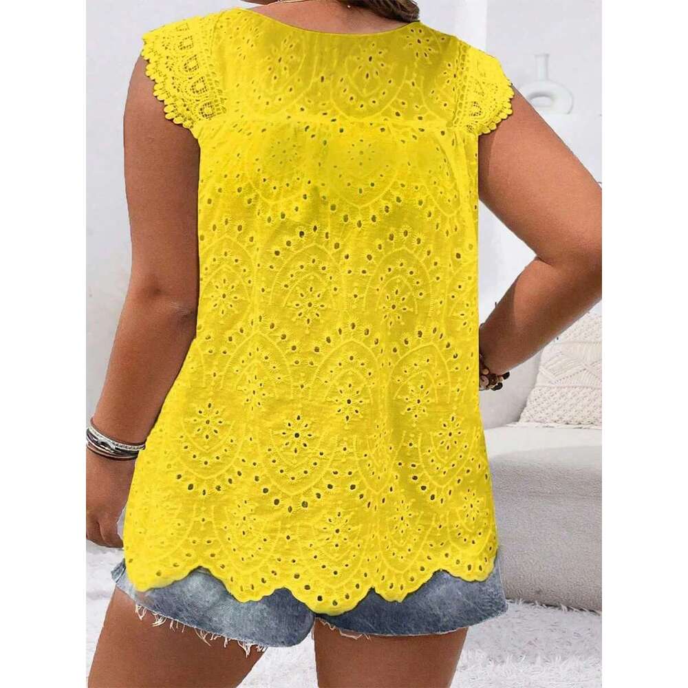 2024 New Fashion Plus Size Shirt Sleeveless Hollow Solid Color Round Neck Lace Simple Versatile Casual T-Shirt Top