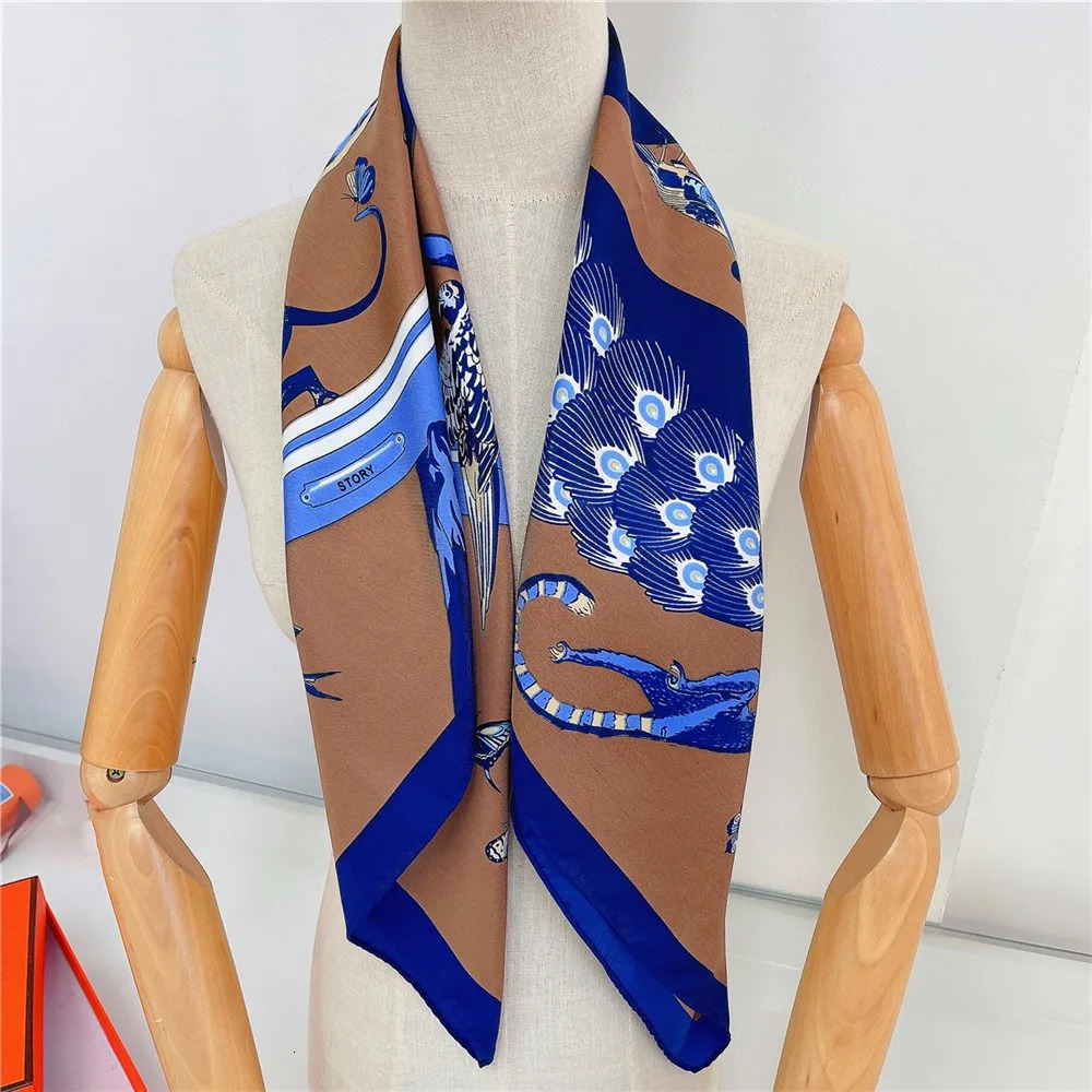 90CM Animal Party Handmade Curled Twill Silk Scarf Womens Curled Square Scarf Foulard Womens Baotou Scarf 250213