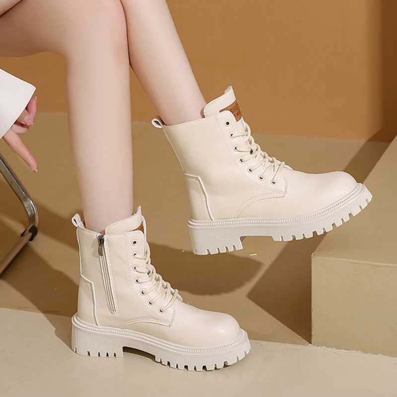 Warm Short Plush Pu Leather Ankle Boots Women Autumn Winter Platform Combat Boots Woman Thick Sole Zipper Lace Up Botas MujerXJ250217
