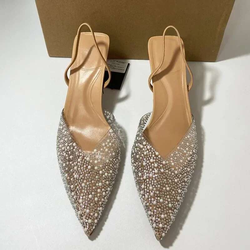 2025 Summer Women's High Heeled Sandals Transparent Pointed Toe Elegant Ladies Fashion Shoes Pearl Decoration Sgback Sandal