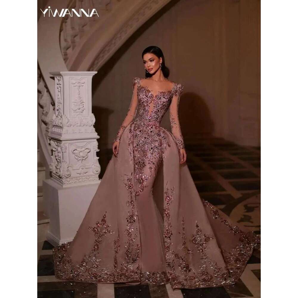Train Detachable Tail Rhies Prom Shiny Sequins Beads Evening Dress Customized Robe De Mari E