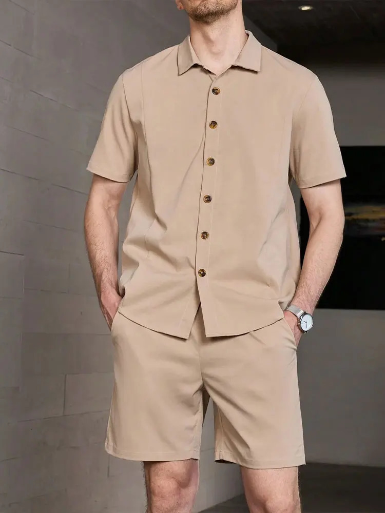 Palm Leaf Print Mens Casual Shirt Hawaiian Mens Beach Shorts Summer Everyday Short-sleeved Shirt And Sports Shorts Set 250217