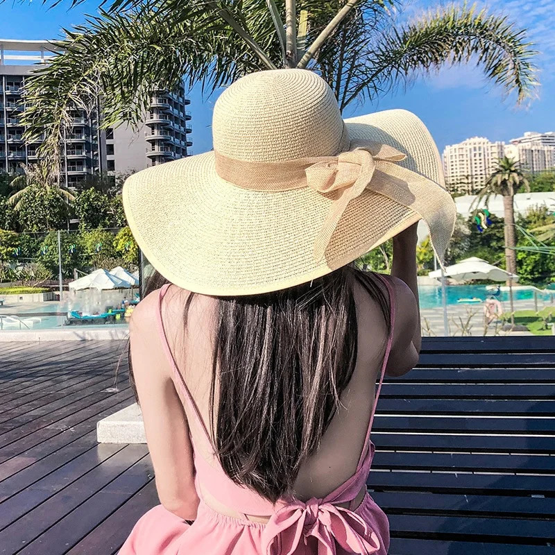 Women Summer Beach Travel Straw Hat Korean Seaside Big Hat Brim Sunblock Sunshade Holiday Foldable Fashion Big Cool Hat 250218