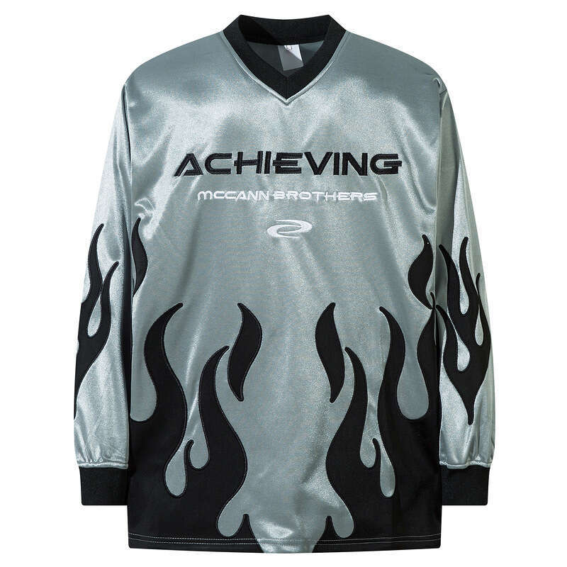 Heavy Industry Flame Embroidered Patchwork Glossy Bright Satin American Sports Football Personalized Unisex T-shirt