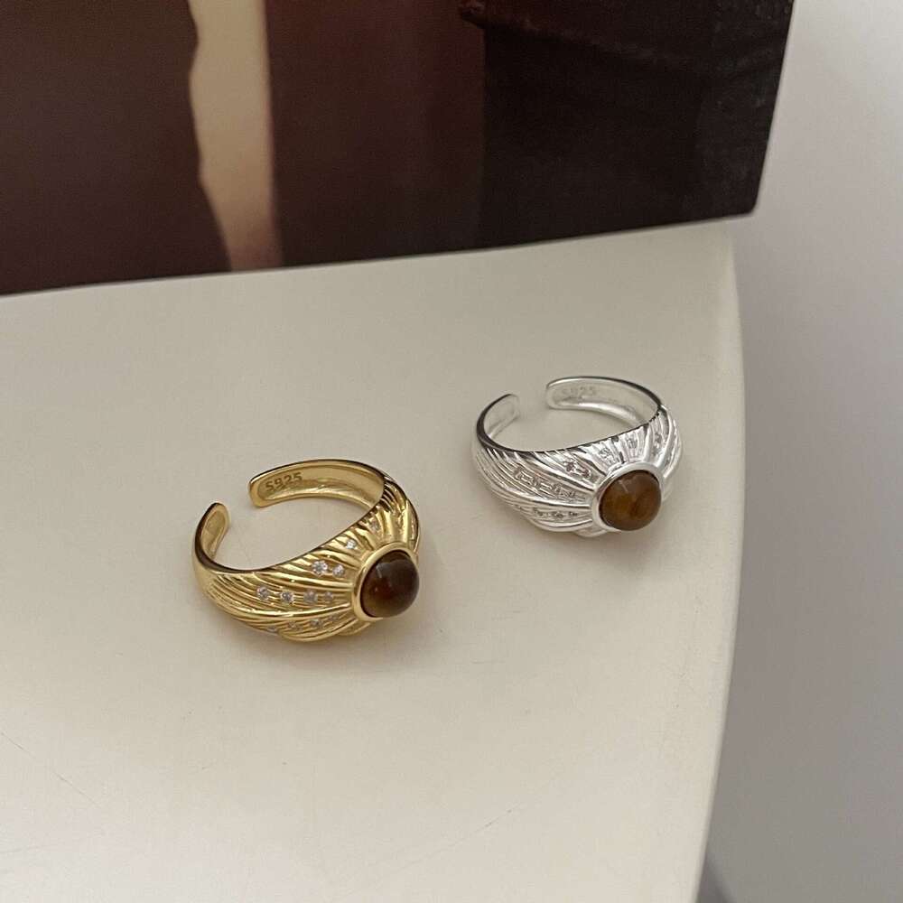 Tiqi S pure silver antique style tiger eye stone for women a high-end feel, slightly inlaid with sparkling zirconium wide version index finger ring tr