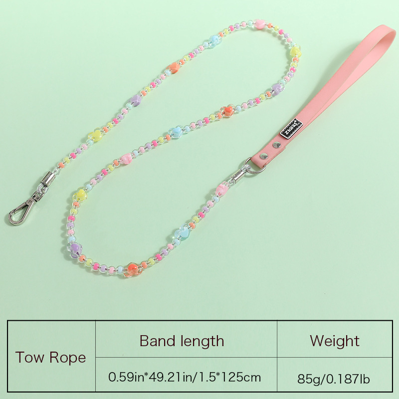 Fashion Dog Leather Collar with Two Rows of Colored Beads, Dog Collar Leash Set for Small Medium Dogs, Pet Neck Decoration, Adjustable Pet Collar Pink